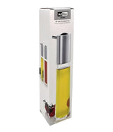 Oil and vinegar spray dispenser with a glass body and stainless steel top.