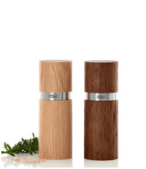 Wooden salt and pepper mills with metallic bands.