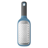 Kitchen grater shaped like a wine bottle with a blue handle and gray grating surface.
