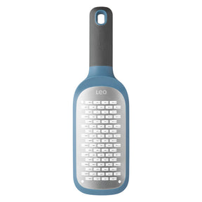 Kitchen grater shaped like a wine bottle with a blue handle and gray grating surface.