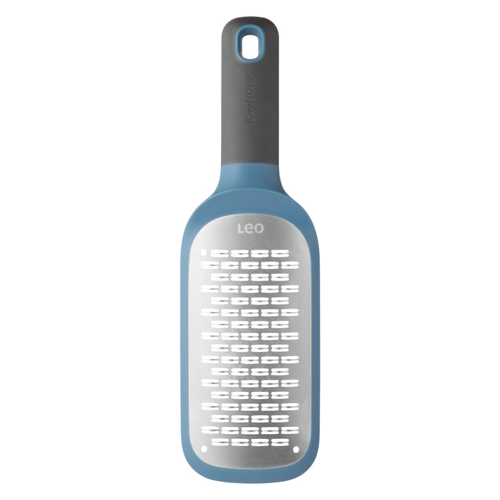 Kitchen grater shaped like a wine bottle with a blue handle and gray grating surface.