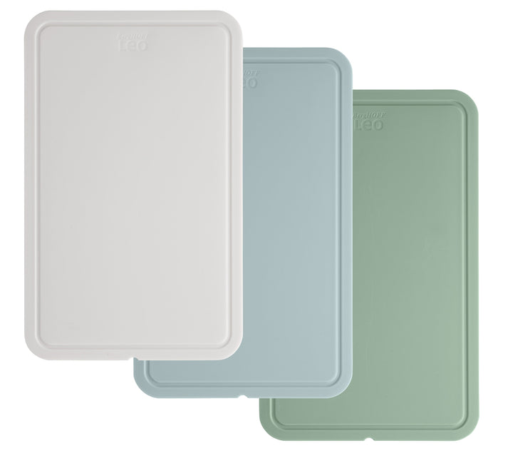Set of three rectangular serving trays in pastel colors.