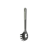 Gray plastic pasta server with a slotted spoon end and long handle.