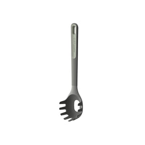 Gray plastic pasta server with a slotted spoon end and long handle.