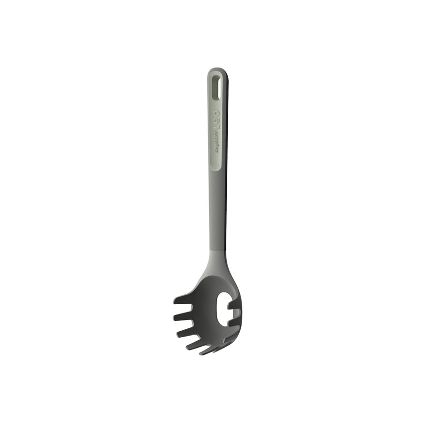 Gray plastic pasta server with a slotted spoon end and long handle.