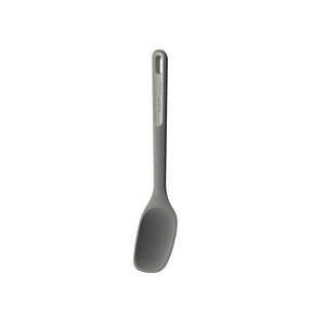 Gray silicone or plastic cooking spatula with a long handle.