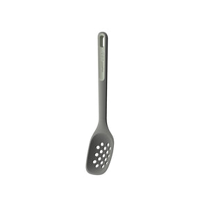 Gray slotted spoon or spatula with holes in its scoop.