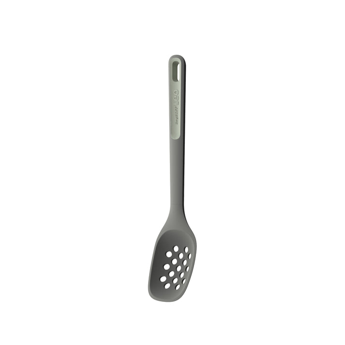 Gray slotted spoon or spatula with holes in its scoop.