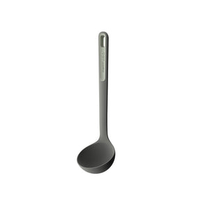 Gray plastic ladle with a long handle.