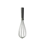 Whisk with a gray handle and metal wires.