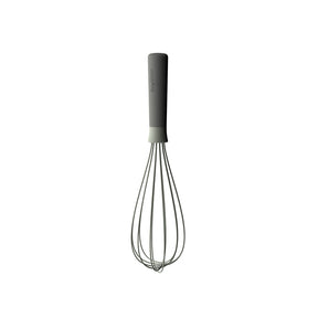 Whisk with a gray handle and metal wires.