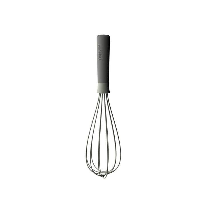 Whisk with a gray handle and metal wires.