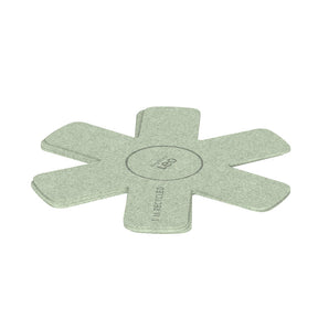 Pale green, flower-shaped pan protector or trivet made of felt-like material.