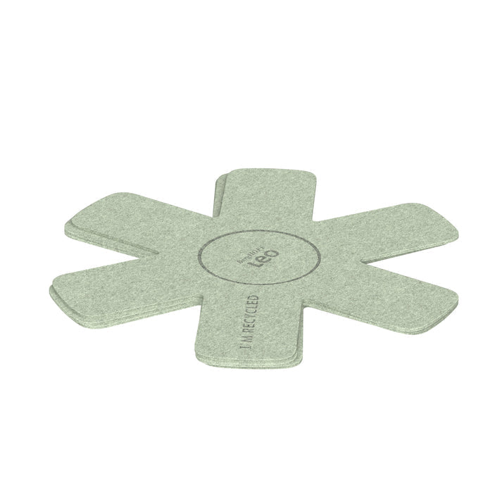 Pale green, flower-shaped pan protector or trivet made of felt-like material.