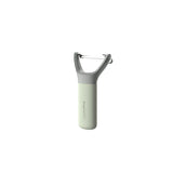 Handheld vegetable peeler with a white handle and gray head.