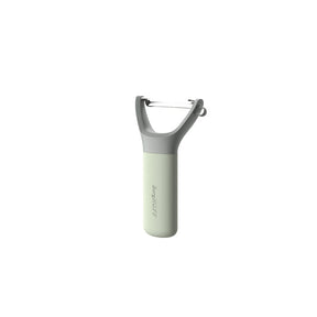 Handheld vegetable peeler with a white handle and gray head.