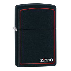 Black Zippo lighter with a red border and white Zippo logo.