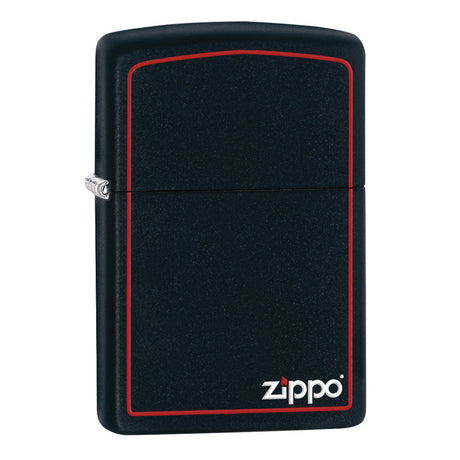 Black Zippo lighter with a red border and white Zippo logo.