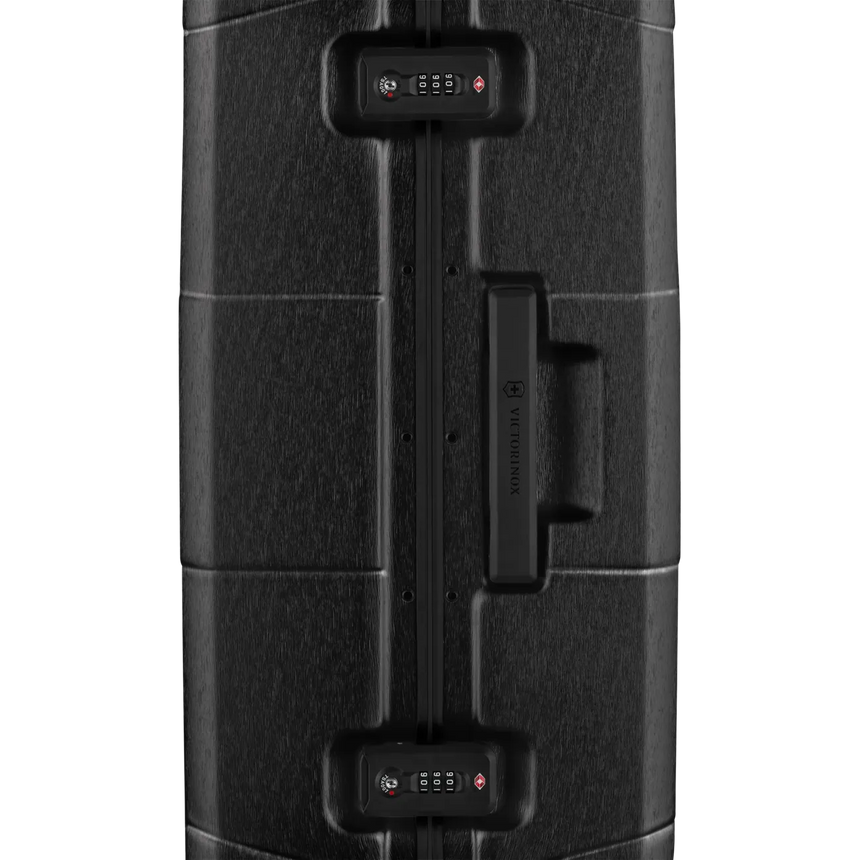 Black hardshell suitcase with combination locks and a handle.