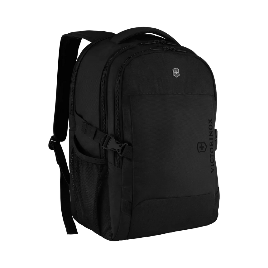 Black backpack with multiple compartments and padded shoulder straps.