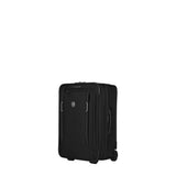 Black wheeled carry-on suitcase with exterior pockets.