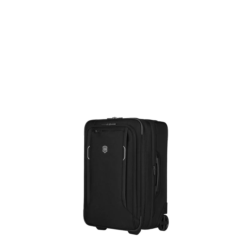 Black wheeled carry-on suitcase with exterior pockets.