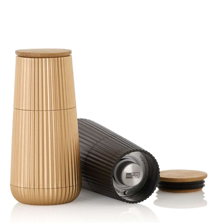 Ribbed cylindrical travel mug with a wooden lid.