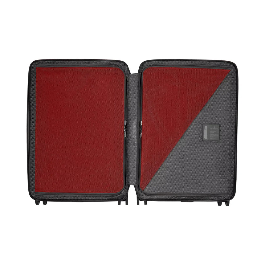 Open hard-shell suitcase with red interior lining and gray exterior.