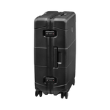 Black hardshell rolling suitcase with wheels and a retractable handle.