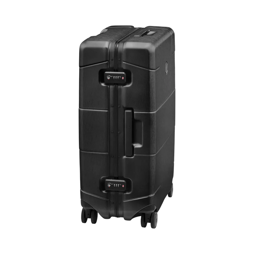 Black hardshell rolling suitcase with wheels and a retractable handle.