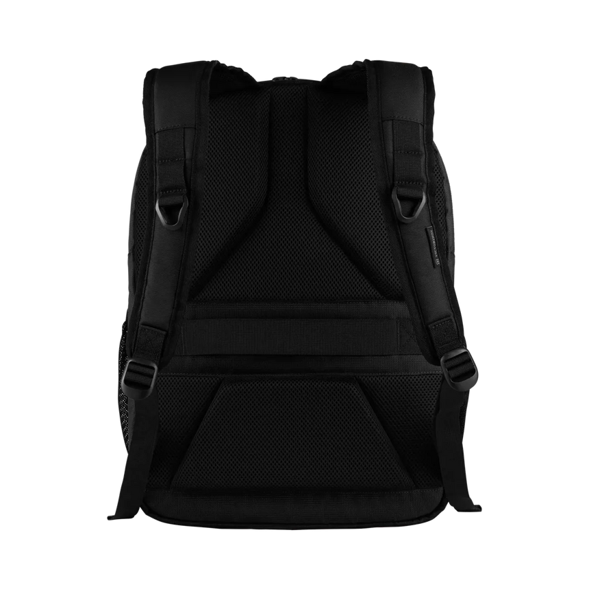 Black backpack with adjustable shoulder straps and multiple compartments.