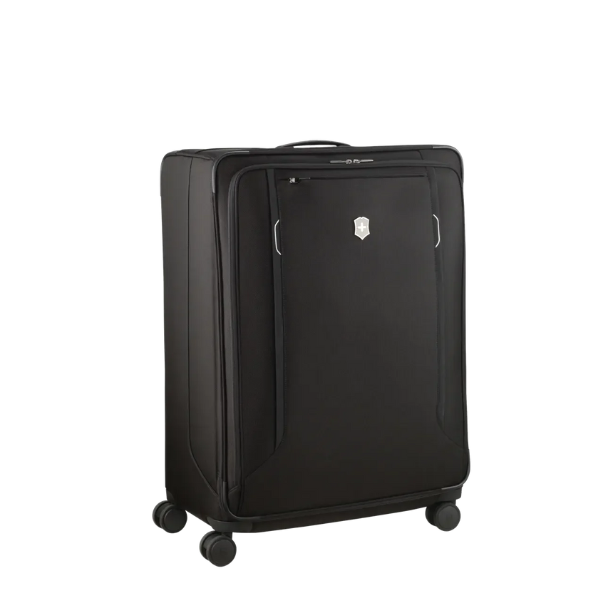 Black rolling suitcase with four wheels and a front pocket.