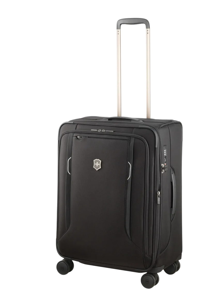 Black wheeled suitcase with an extendable handle.