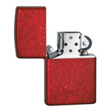 Red metallic Zippo-style lighter with an open lid.
