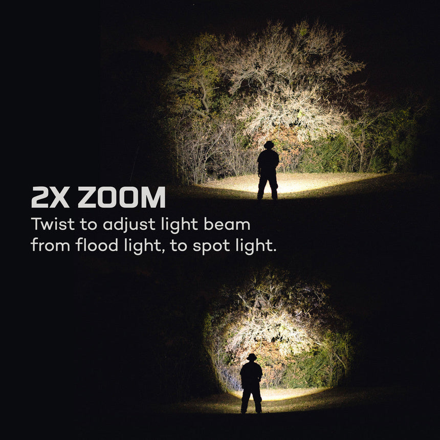 Flashlight demonstrating adjustable beam width from flood to spot light modes.