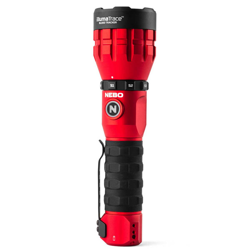 Red and black handheld flashlight with a textured grip.