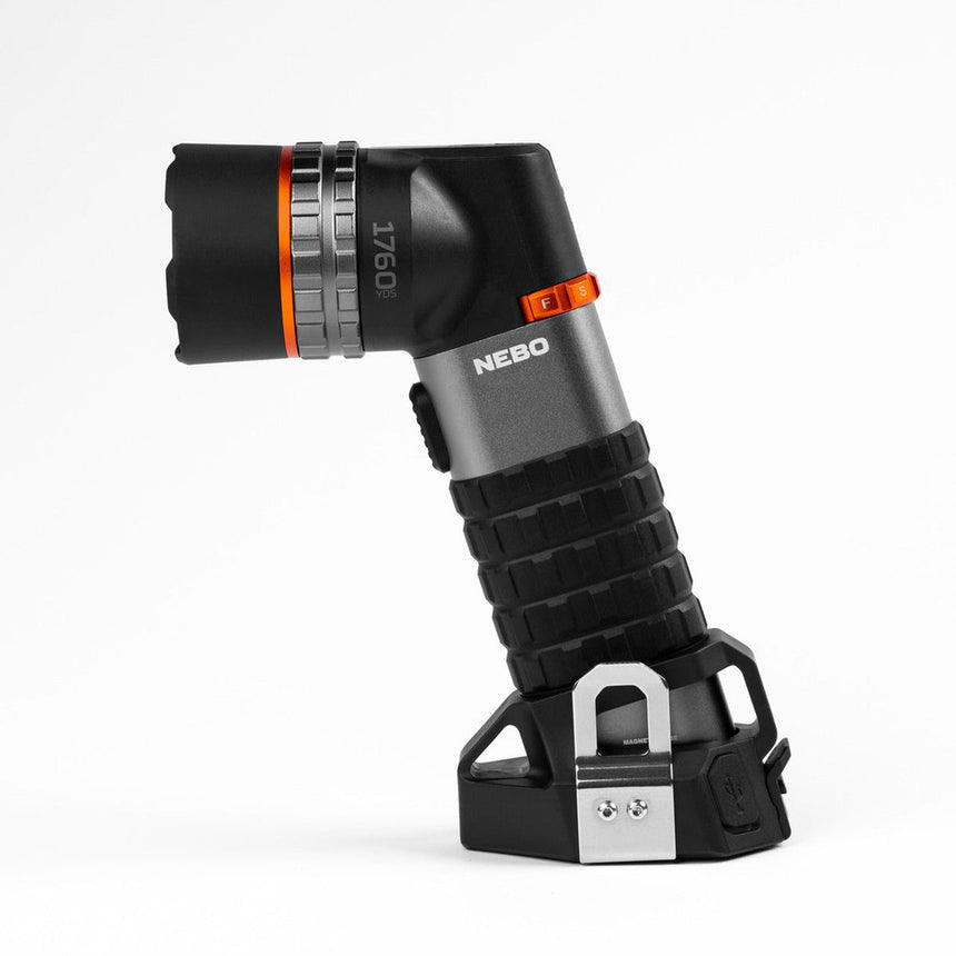 Angled flashlight with an adjustable head and textured grip.