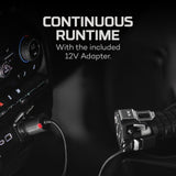 Camera or video equipment with a 12V adapter for continuous runtime.