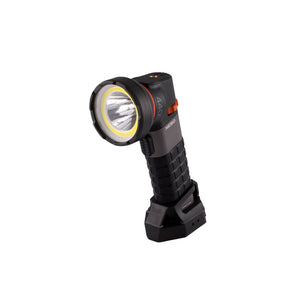Handheld rechargeable LED flashlight with an adjustable head angle.