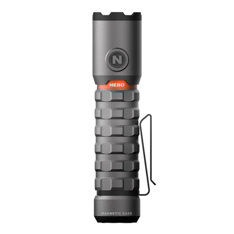 Cylindrical gray flashlight with a textured grip and orange accent.