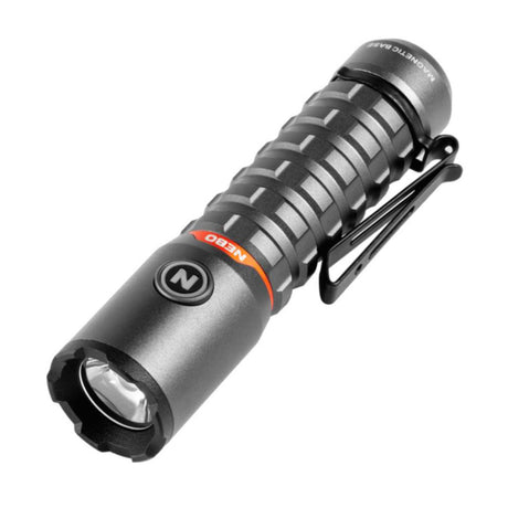 Compact tactical flashlight with a textured grip and pocket clip.