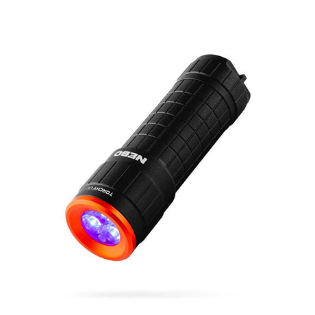 Black cylindrical flashlight with an illuminated orange and blue end.