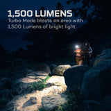 Powerful flashlight illuminating a rocky path at night.