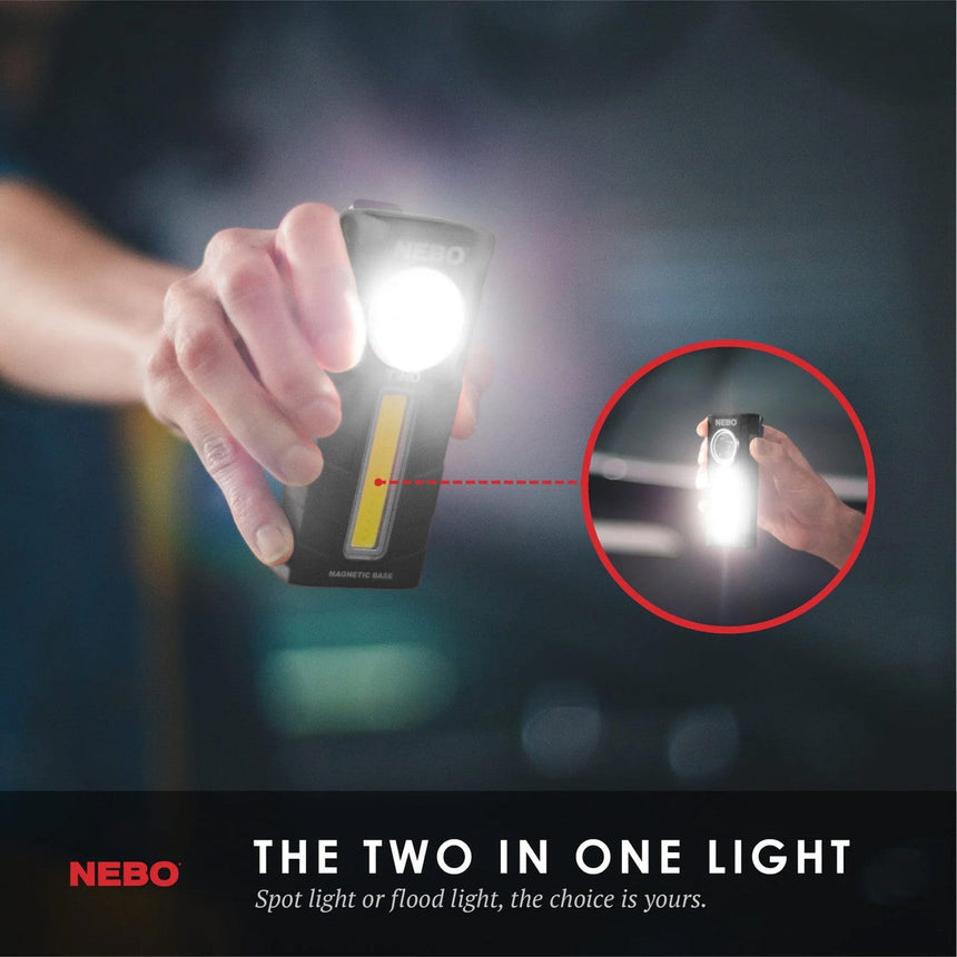 Handheld flashlight with dual lighting modes: spot and flood.