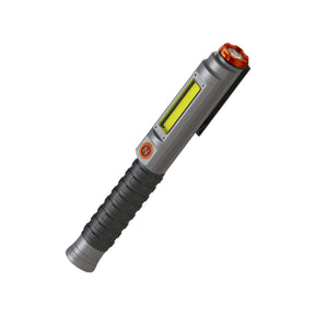 Multi-functional pen-shaped tool with a built-in LED light strip and clip.