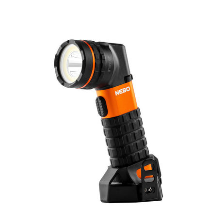 Handheld flashlight with an orange and black ergonomic design featuring an adjustable head.