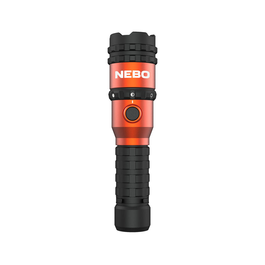 Handheld flashlight with a red and black design featuring the ’NEBO’ brand name.