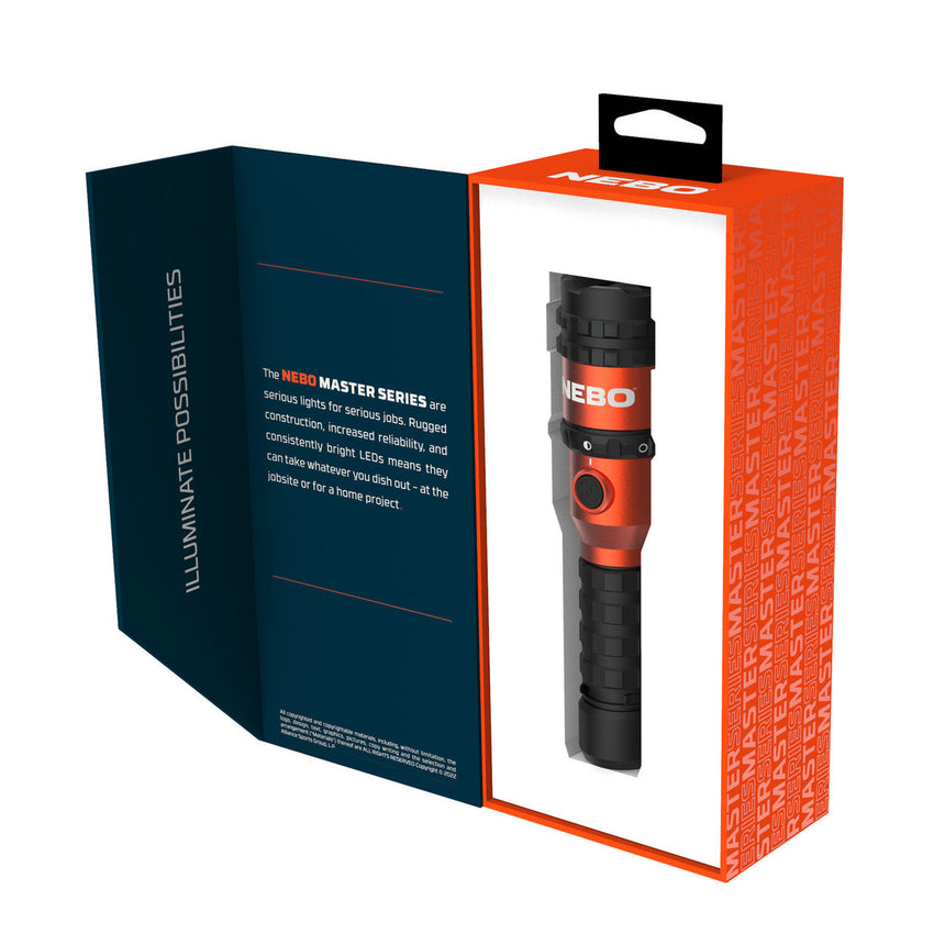 Handheld flashlight with orange accents in its retail packaging.