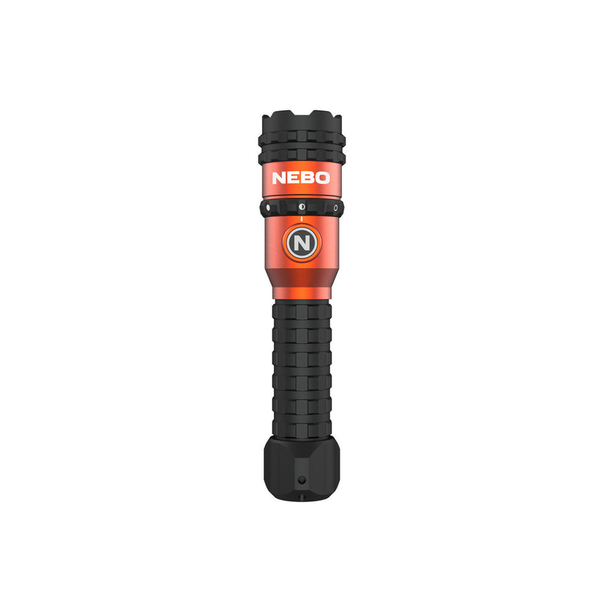 Red and black handheld flashlight with ’NEBO’ branding.