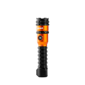 Orange and black flashlight with a textured grip handle.